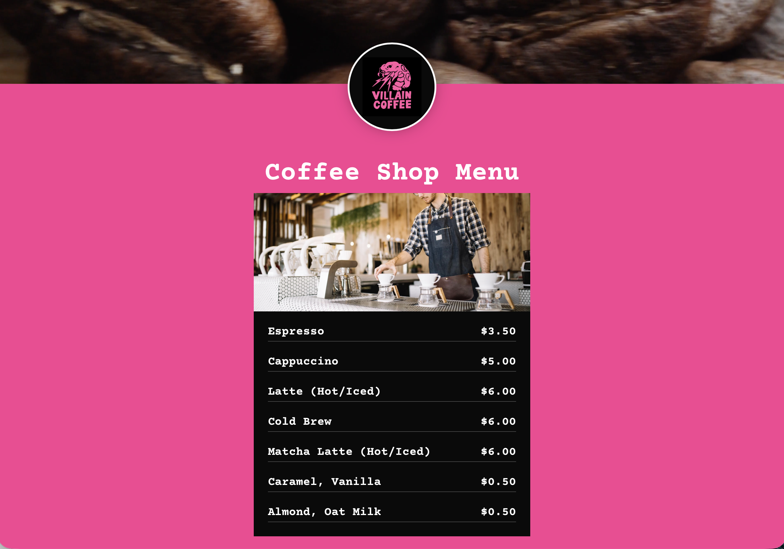 Villain Coffee Shop, Website